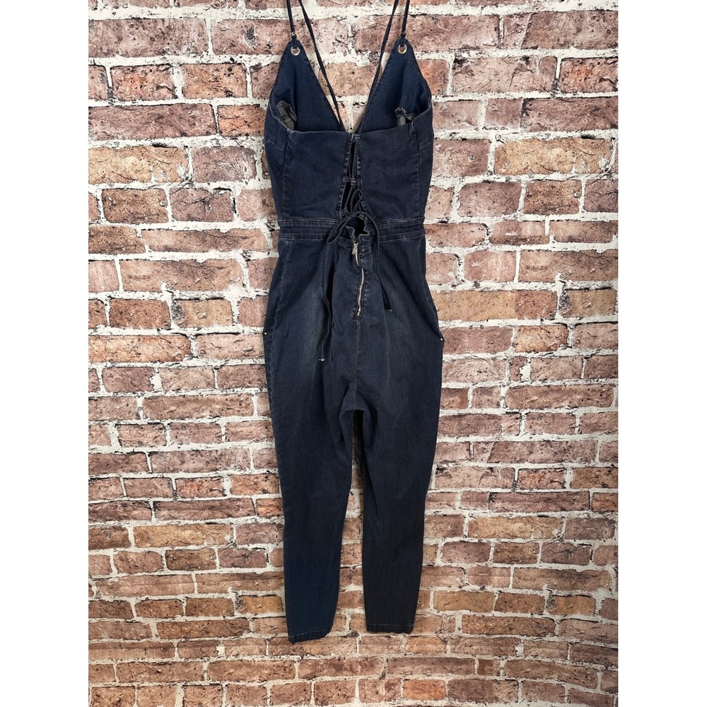 bebe Dark Blue Denim V-Neck Jumpsuit - Picture 5 of 16